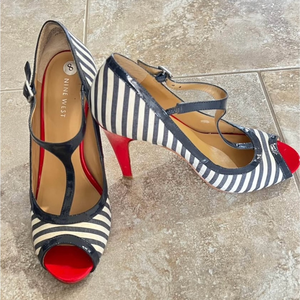 Nine West Blue, Red and White Striped Peep-Toe Heels